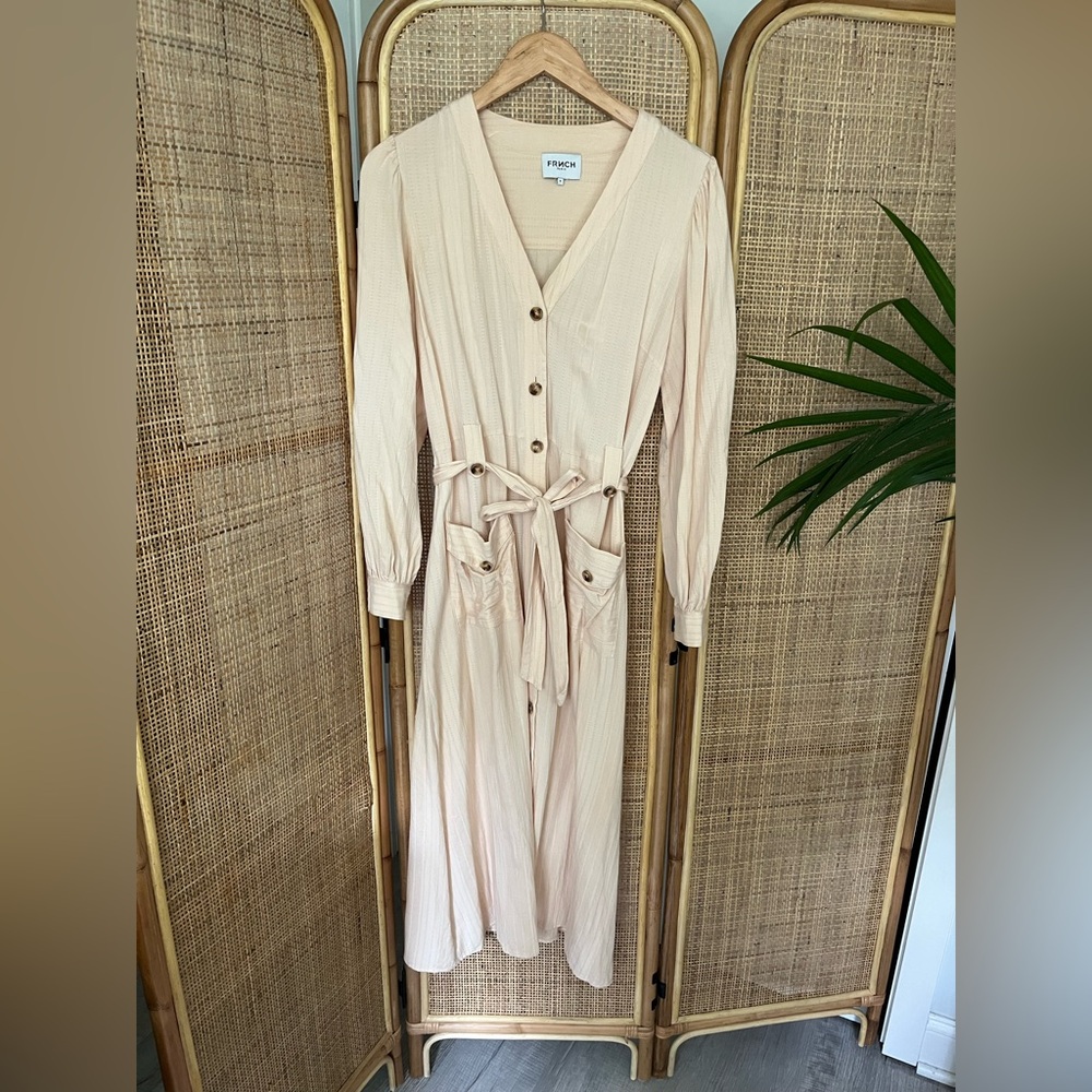 FRNCH Buttonfront Cream Midi Long Sleeve Dress